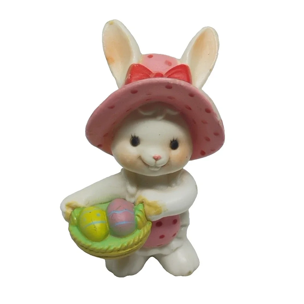 Easter Bunny Rabbit Girl Mini Figure Basket Eggs Pink Bonnet Spring Decor FLAWED